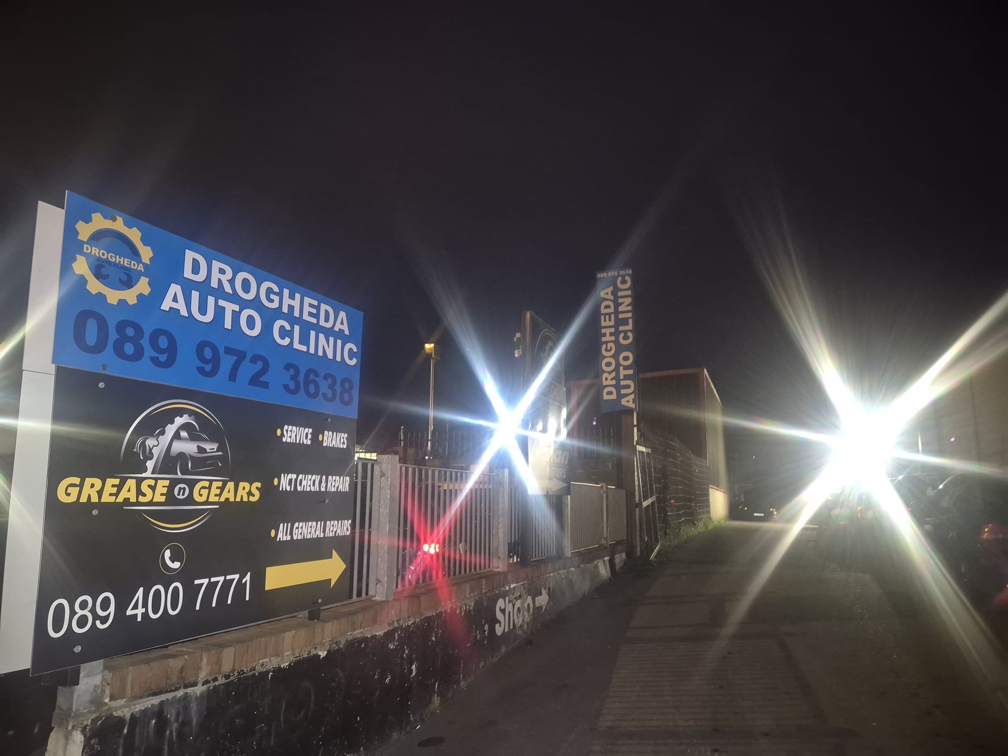 Drogheda Auto Clinic signage at night